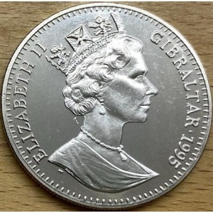 Аверс монеты Гибралтар, 1 крона, 1995, VI Островные игры. 7 спортсменов