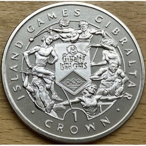 Реверс монеты Гибралтар, 1 крона, 1995, VI Островные игры. 7 спортсменов