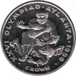Реверс монеты Гибралтар, 1 крона, 1996, XXVI Летние Олимпийские игры, Атланта 1996 - Борьба