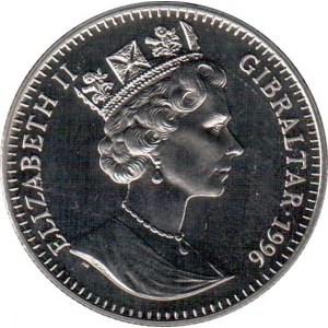 Аверс монеты Гибралтар, 1 крона, 1996, XXVI Летние Олимпийские игры, Атланта 1996 - Волейбол