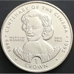 Реверс монеты Гибралтар, 1 крона, 1996, 100 лет кино. Мэрилин Монро