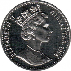 Аверс монеты Гибралтар, 1 крона, 1996, 100 лет кино. Флинтстоуны