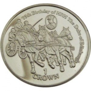 Реверс монеты Гибралтар, 1 крона, 1996, 75 лет со дня рождения герцога Эдинбургского. Лошади и карета