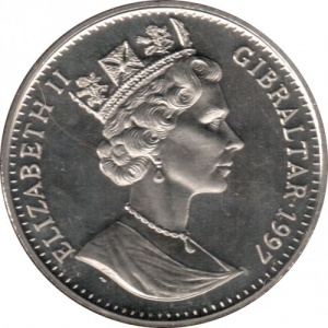 Аверс монеты Гибралтар, 1 крона, 1997, 50 лет свадьбе Королевы Елизаветы II и Принца Филиппа /Елизавета II и толпа/