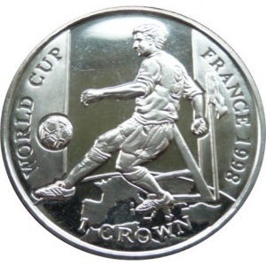 Реверс монеты Гибралтар, 1 крона, 1998, XVI Чемпионат мира по футболу, Франция 1998 - Игрок пинает мяч