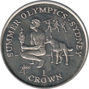 Реверс монеты Гибралтар, 1 крона, 1999-2000, 27 Олимпийские летние игры, Сидней 2000 - Человек с факелом и собакой динго
