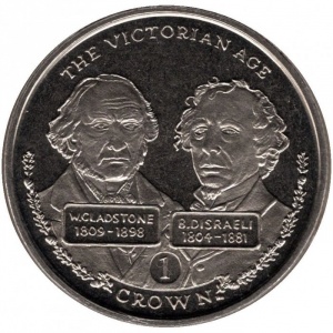 Реверс монеты Гибралтар, 1 крона, 2001, Викторианская эпоха — Гладстон и Дизраэли