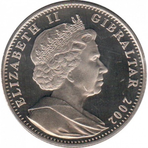 Аверс монеты Гибралтар, 1 крона, 2002, 50 лет правлению Королевы Елизаветы II - Королевская яхта под Тауэрским мостом