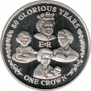 Реверс монеты Гибралтар, 1 крона, 2006, 80 лет со дня рождения Королевы Елизаветы II - четыре портрета