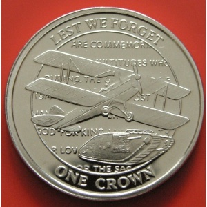 Реверс монеты Гибралтар, 1 крона, 2008, Чтобы мы не забыли - Биплан Sopwith Camel и танк
