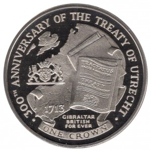 Реверс монеты Гибралтар, 1 крона, 2013, 300 лет Утрехтскому договору