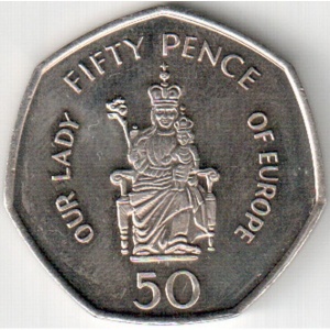 Реверс монеты Гибралтар, 50 пенсов, 2008, Богоматерь Европейская