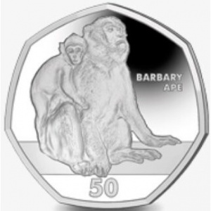 Реверс монеты Гибралтар, 50 пенсов, 2018, Приматы - Магот (Macaca sylvanus)