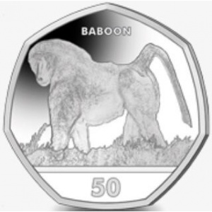 Реверс монеты Гибралтар, 50 пенсов, 2018, Приматы - Бабуин (Papio cynocephalus)