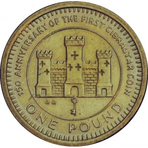 Реверс монеты Гибралтар, 1 фунт, 1989, 150 лет монетам Гибралтара