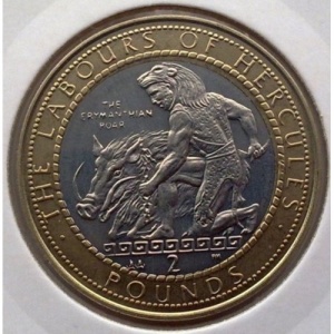 Реверс монеты Гибралтар, 2 фунта, 1998, 12 подвигов Геракла - Эриманфский вепрь