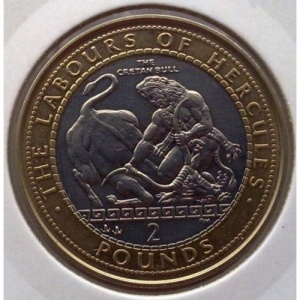 Реверс монеты Гибралтар, 2 фунта, 1999, 12 подвигов Геракла - Критский бык