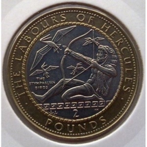 Реверс монеты Гибралтар, 2 фунта, 1999, 12 подвигов Геракла - Стимфалийские птицы