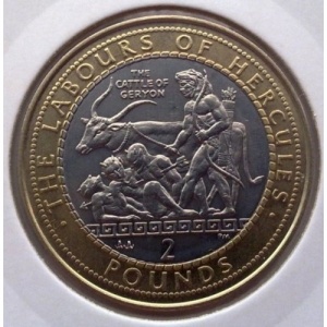 Реверс монеты Гибралтар, 2 фунта, 2000, 12 подвигов Геракла - Похищение коров Гериона