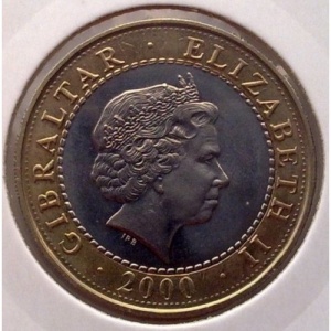 Аверс монеты Гибралтар, 2 фунта, 2000, 12 подвигов Геракла - Укрощение Цербера