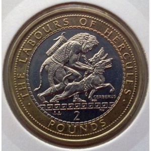 Реверс монеты Гибралтар, 2 фунта, 2000, 12 подвигов Геракла - Укрощение Цербера