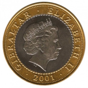 Аверс монеты Гибралтар, 2 фунта, 2001, 200 лет Британскому флагу