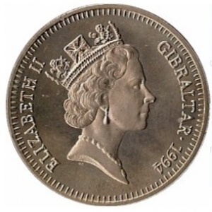 Аверс монеты Гибралтар, 5 фунтов, 1994, 50 лет Битве за Нормандию