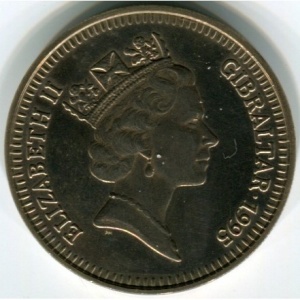 Аверс монеты Гибралтар, 5 фунтов, 1995, 50 лет со дня победы в Европе