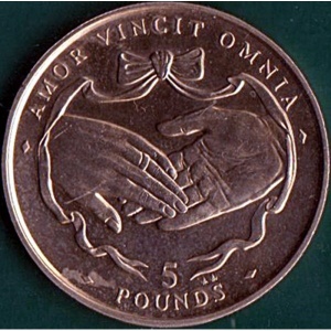 Реверс монеты Гибралтар, 5 фунтов, 1997, 50 лет свадьбе Королевы Елизаветы II и Принца Филиппа