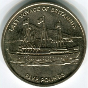 Реверс монеты Гибралтар, 5 фунтов, 1997, Последний вояж королевской яхты Britannia