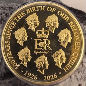 Реверс монеты Гибралтар, 5 фунтов, 2026, 100 лет со дня рождения Королевы Елизаветы II