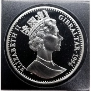Аверс монеты Гибралтар, 1 крона, 1994, Чемпионат мира по футболу 1994 /вратарь и нападающий/