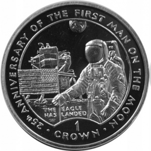 Реверс монеты Гибралтар, 1 крона, 1994, 25 лет первому человеку на Луне. Орел приземлился