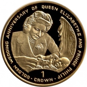 Реверс монеты Гибралтар, 1 крона, 1997, 50 лет свадьбе Королевы Елизаветы II и Принца Филиппа /Елизавета II и младенец/