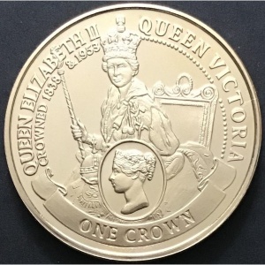 Реверс монеты Гибралтар, 1 крона, 2013, Королева Виктория и Королева Елизавета II