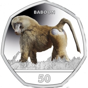 Реверс монеты Гибралтар, 50 пенсов, 2018, Приматы - Бабуин (Papio cynocephalus)