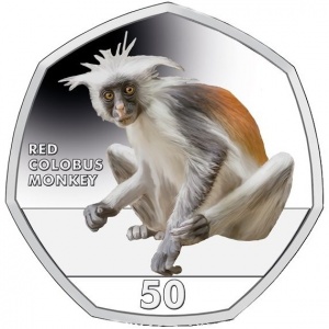 Реверс монеты Гибралтар, 50 пенсов, 2018, Приматы - Красный колобус (Piliocolobus badius)