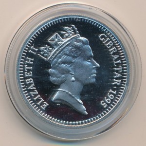 Аверс монеты Гибралтар, 5 фунтов, 1995, 50 лет со дня победы в Европе