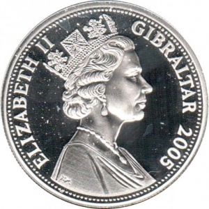 Аверс монеты Гибралтар, 5 фунтов, 2005, Колонна Нельсона на Трафальгарской площади