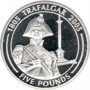 Реверс монеты Гибралтар, 5 фунтов, 2005, Колонна Нельсона на Трафальгарской площади