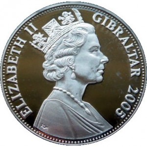 Аверс монеты Гибралтар, 5 фунтов, 2005, Нельсон и Харди