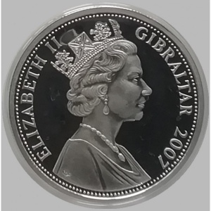 Аверс монеты Гибралтар, 5 фунтов, 2007, 60 лет свадьбе Королевы Елизаветы II и Принца Филиппа /молодые Елизавета II и…