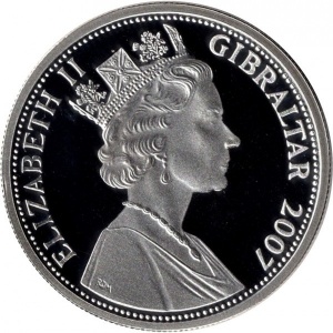 Аверс монеты Гибралтар, 5 фунтов, 2007, 60 лет свадьбе Королевы Елизаветы II и Принца Филиппа /Королевская карета/