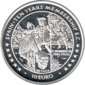 Реверс монеты Остров Мэн, 10 евро, 1996, Испания - 10 лет членства в ЕС
