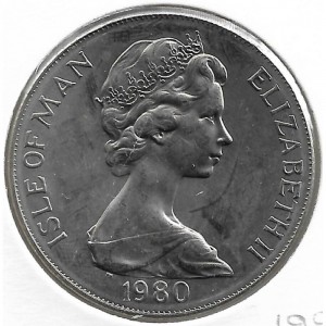 Аверс монеты Остров Мэн, 1 крона, 1980, XXII летние Олимпийские Игры, Москва 1980 /бегун вверху монеты/