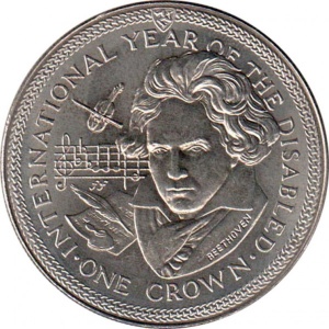 Реверс монеты Остров Мэн, 1 крона, 1981, Международный год инвалидов - Бетховен