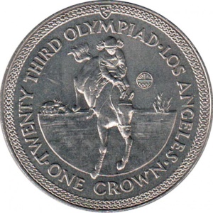 Реверс монеты Остров Мэн, 1 крона, 1984, XXIII летние Олимпийские Игры, Лос-Анджелес 1984 - конный спорт