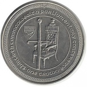 Реверс монеты Остров Мэн, 1 крона, 1984, 30-я конференция парламентариев стран Содружества - меч и кресло