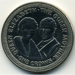 Реверс монеты Остров Мэн, 1 крона, 1985, 85 лет со дня рождения Королевы Матери /Король Георг VI и Королева-Мать/