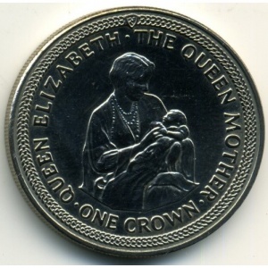 Реверс монеты Остров Мэн, 1 крона, 1985, 85 лет со дня рождения Королевы Матери /Новорожденная Елизавета II/